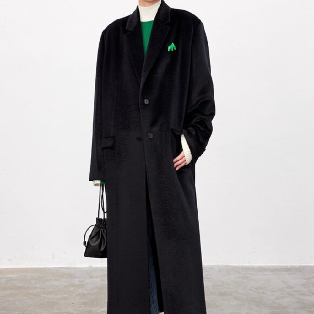 CHICJOC Italian Baby Alpaca Black Coat Luxury 100% Baby Alpaca Satin Wave 36